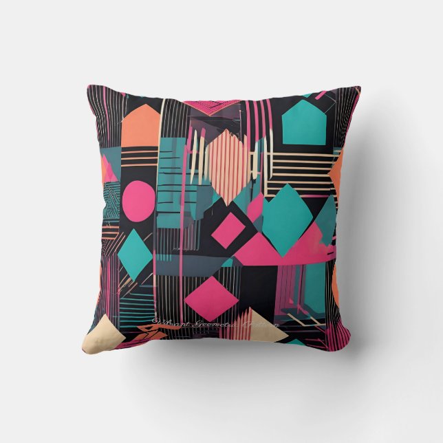 vibrant teal and mustard geometric pattern  throw pillow (Back)