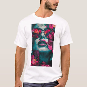 Vibrant Teal and Pink Floral Head Graphic T-Shirt