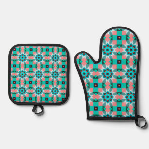 Vibrant Teal and Salmon Geometric Kaleidoscope Pat Oven Mitt & Pot Holder Set