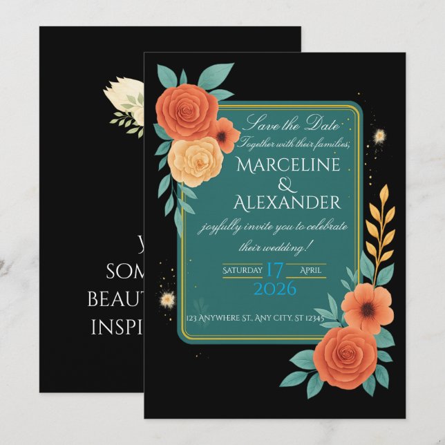 Vibrant Teal & Coral Floral Frame Invitation (Front/Back)