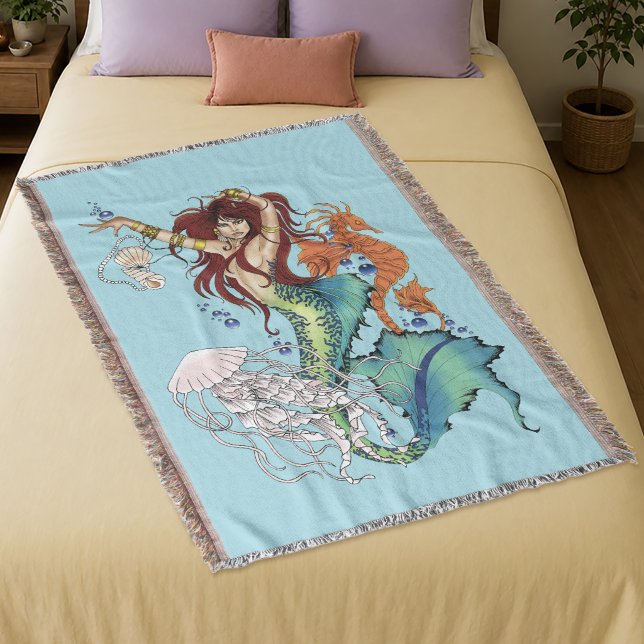 Vibrant Teal Fantasy Mermaid Illustration Throw Blanket (Creator Uploaded)