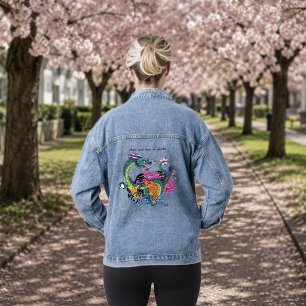 Vibrant Teal Oriental Koi Dragon Lotus Flower Denim Jacket