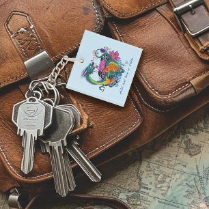 Vibrant Teal Oriental Koi Dragon Lotus Flower Keychain