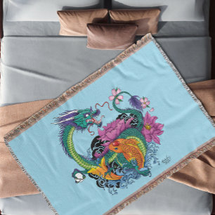 Vibrant Teal Oriental Koi Dragon Lotus Flower Throw Blanket