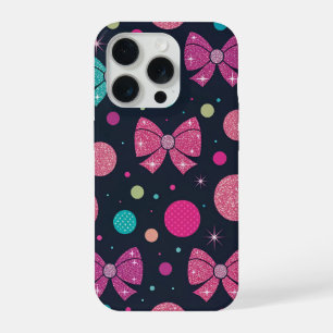 Vibrant Teal Pink Glitter Bows & Polka Dots Patter iPhone 15 Pro Case