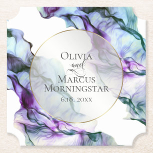 Vibrant Teal Purple Abstract Watercolor Ink Paper Coaster