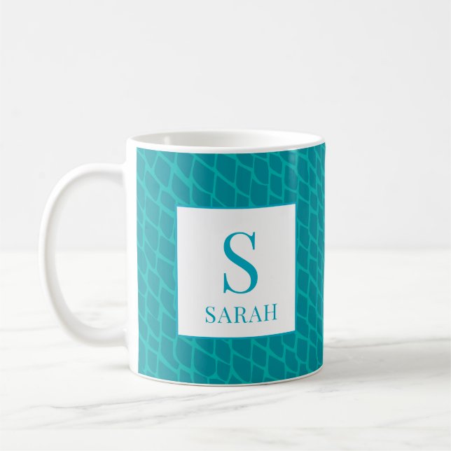 Vibrant Teal Scale Mermaid Monogram Custom Name Coffee Mug (Left)