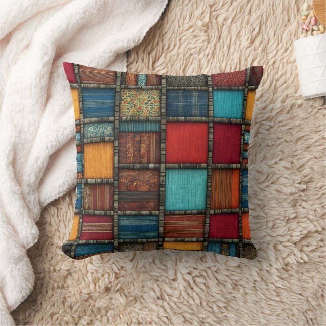 Vibrant textile patchwork in warm hues throw pillow (Blanket)
