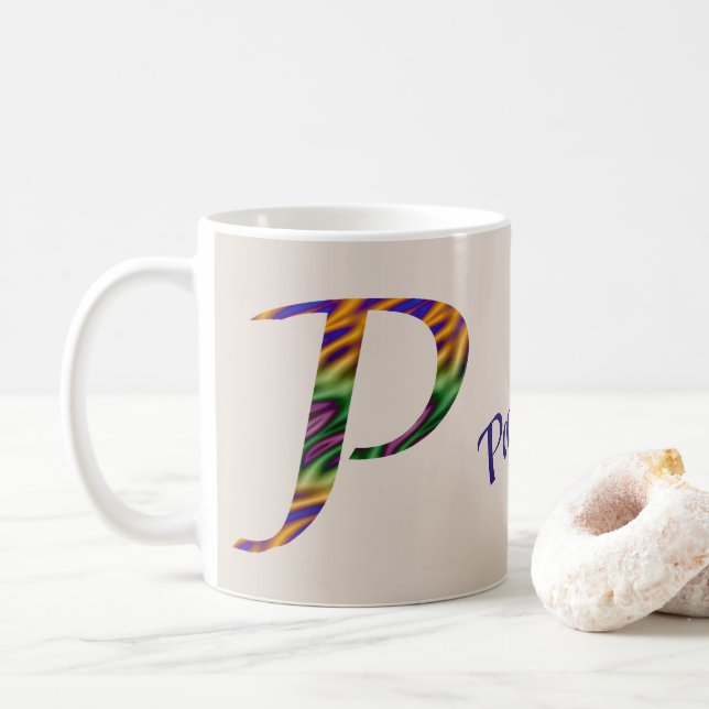 Vibrant Tie-dye Colour Letter P Monogram Initial Coffee Mug (With Donut)