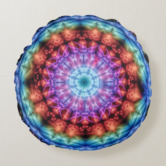 Vibrant Tie Dye Kaleidoscope Rainbow Mandala Round Pillow (Front)