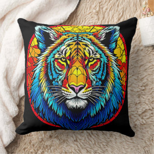 Vibrant Tiger Stained Glass Throw Pillow