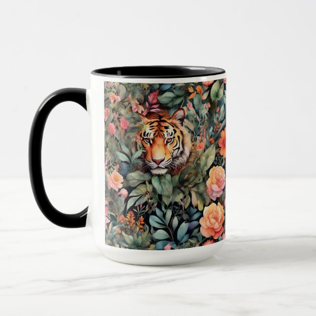 Vibrant tigers, flowers and foliage mug (Left)