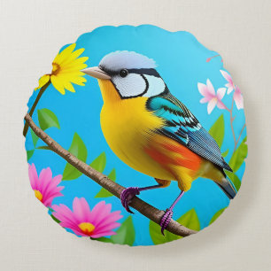 🌿 Vibrant Tit Bird Floral Branch Gift For Nature Round Pillow