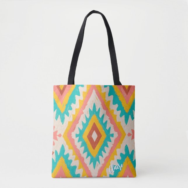 Vibrant Tribe, Bold Geometric Boho Pattern Tote Bag (Front)