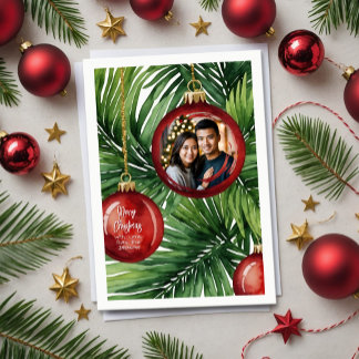 Vibrant Tropical Christmas Palm Watercolor Photo Holiday Card