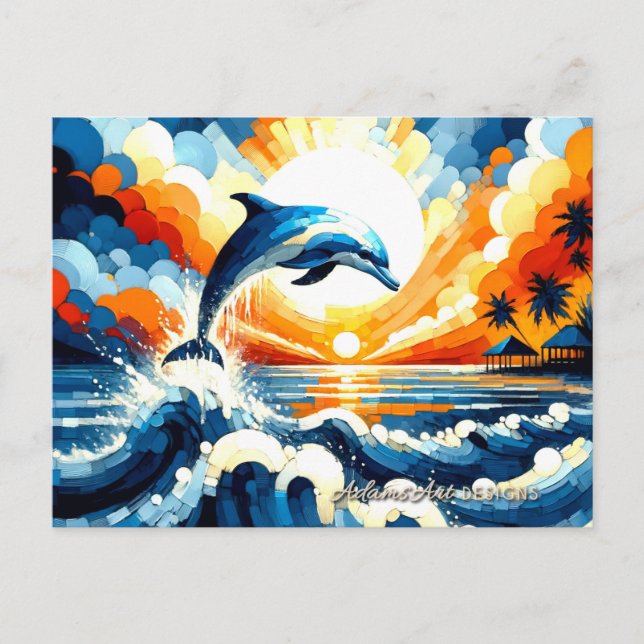Vibrant Tropical Dolphin Sunset Ocean Art Holiday Postcard (Front)
