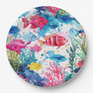 Vibrant Tropical Fish Watercolor Sea Life Pattern Paper Plate