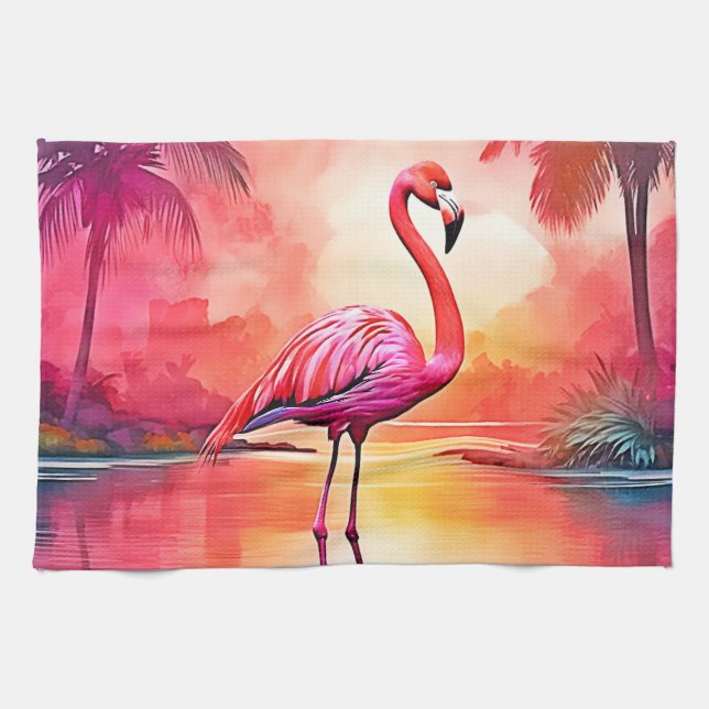 Vibrant Tropical Flamingo Glow Design Kitchen Towel (Horizontal)