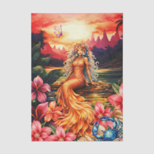 Vibrant Tropical Floral Golden Mermaid Decoupage Tissue Paper