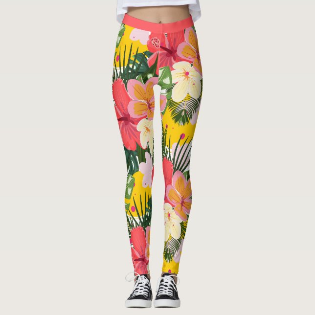 Vibrant Tropical Floral Pattern Leggings (Front)