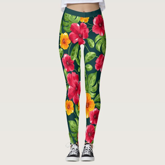 Vibrant Tropical Floral Pattern Leggings (Front)