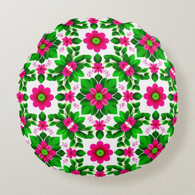 Vibrant Tropical Floral Pattern Round Pillow (Front)