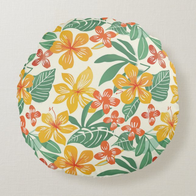 Vibrant Tropical Floral Pattern Round Pillow (Front)
