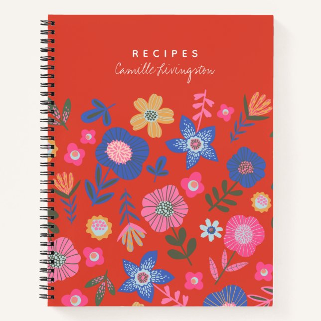 Vibrant Tropical Floral Red Personalized Recipe Notebook (Front)