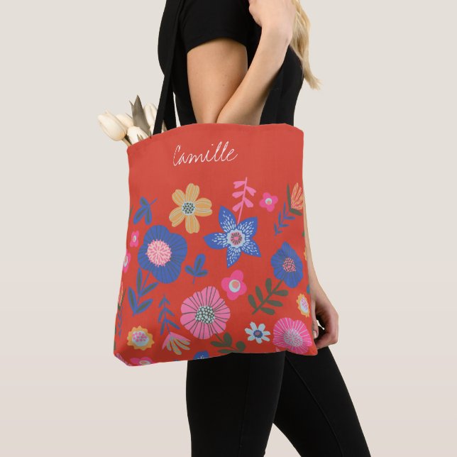 Vibrant Tropical Floral Red Personalized Script  Tote Bag (Close Up)