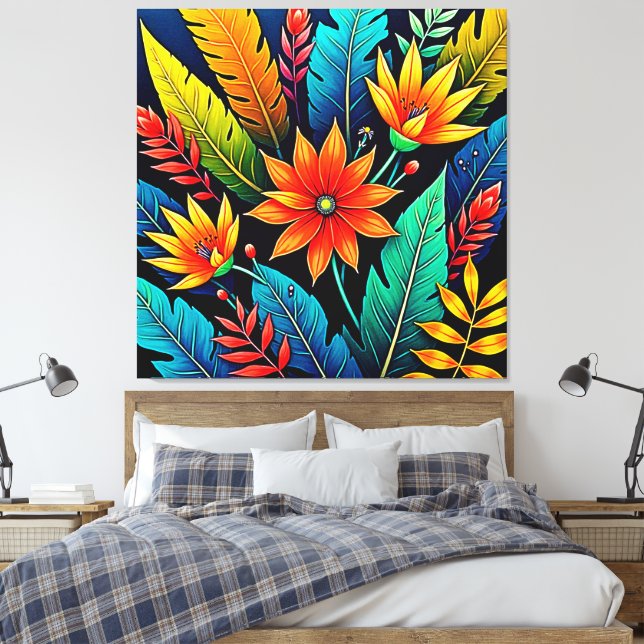 Vibrant Tropical Flower Art Canvas Print (Insitu(Bedroom))