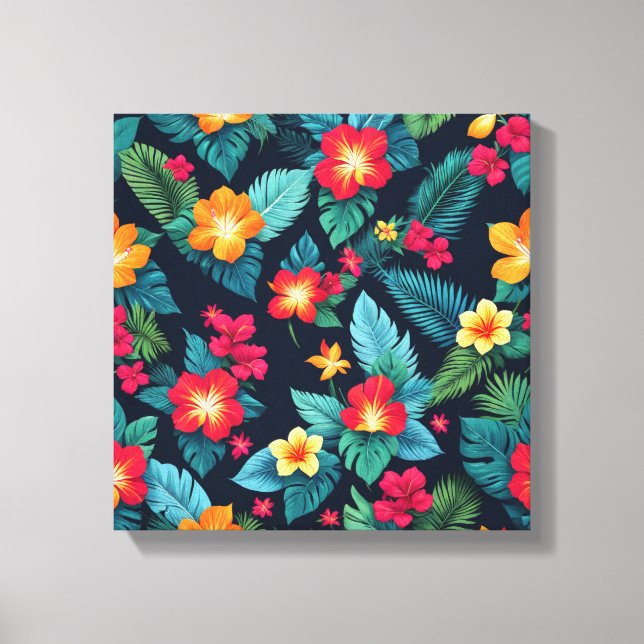 Vibrant Tropical Flowers and Leaves Canvas Print (Front)