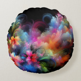 Vibrant Tropical Flowers Round Pillow