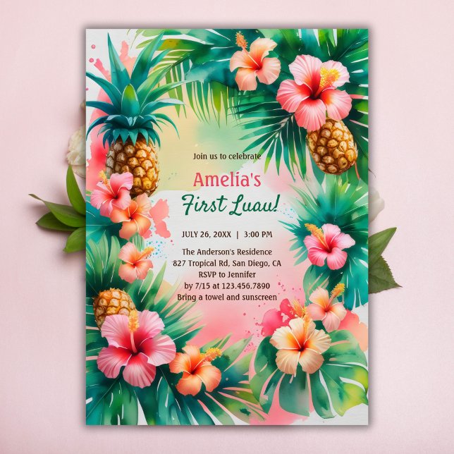 Vibrant Tropical Hawaiian First Luau 1st Birthday Invitation (First Luau Birthday Invitation – Vibrant Tropical Hawaiian Party Invite Invitation)