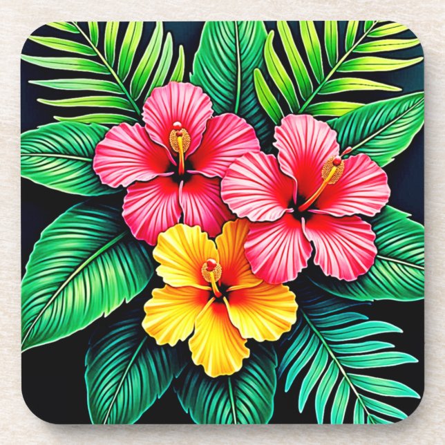 Vibrant Tropical Hibiscus Art Coaster (Front)
