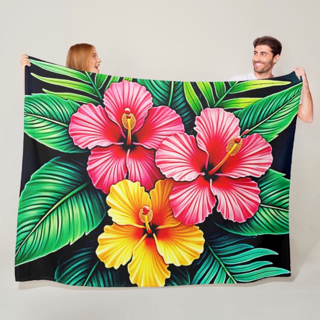 Vibrant Tropical Hibiscus Art Fleece Blanket (In Situ)
