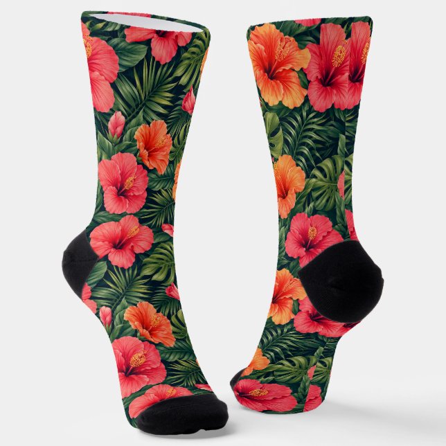 Vibrant Tropical Hibiscus Blooms Socks (Angled)