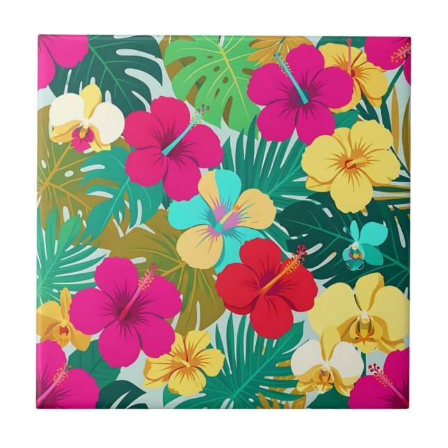 Vibrant Tropical Hibiscus Floral Pattern Tile (Front)