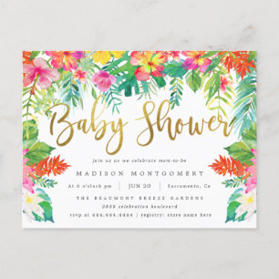 Vibrant Tropical Hibiscus Foliage Gold Baby Shower Invitation Postcard
