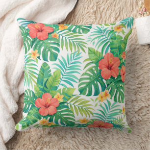 Vibrant Tropical Hibiscus Palm Leaves Throw Pillow