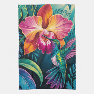 Vibrant Tropical Hummingbird and Orchid Kitchen Towel