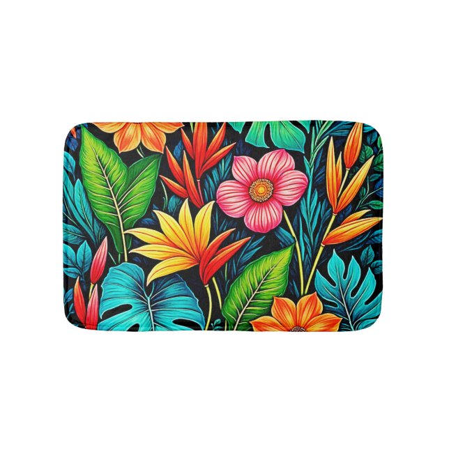 Vibrant Tropical Jungle Bloom Art Bath Mat (Front)