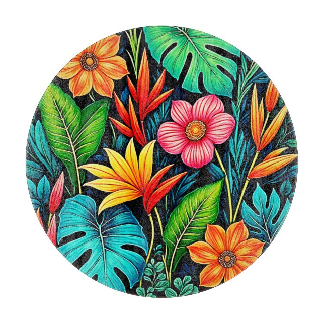 Vibrant Tropical Jungle Bloom Art Cutting Board (Front)
