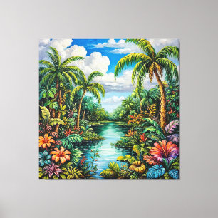 Vibrant Tropical Landscape with Palm Trees Canvas Print