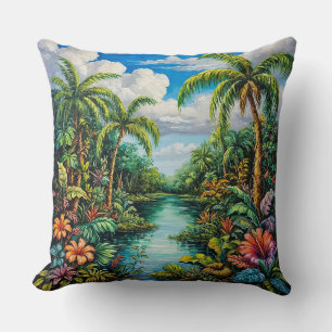 Vibrant Tropical Landscape with Palm Trees Throw Pillow