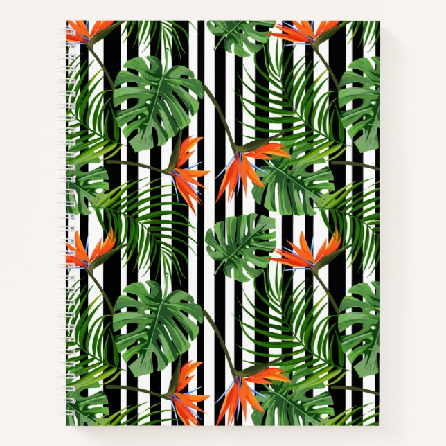 Vibrant Tropical Leaves and Flowers Design Notebook (Front)