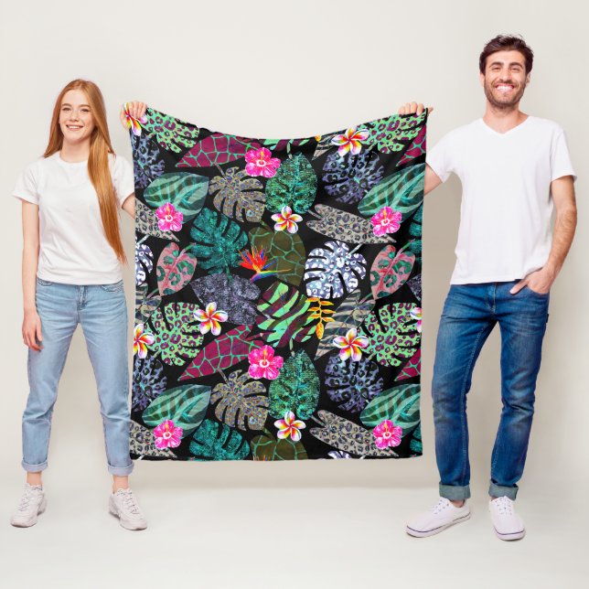 Vibrant Tropical Leaves and Flowers Pattern Fleece Blanket (In Situ)