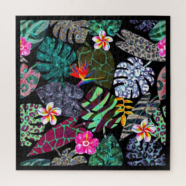 Vibrant Tropical Leaves and Flowers Pattern Jigsaw Puzzle (Vertical)