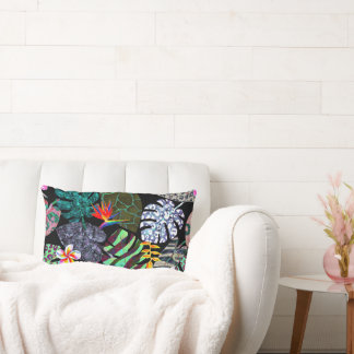 Vibrant Tropical Leaves and Flowers Pattern Lumbar Pillow