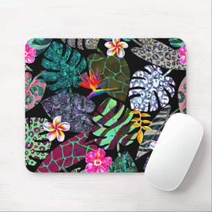 Vibrant Tropical Leaves and Flowers Pattern Mouse Pad