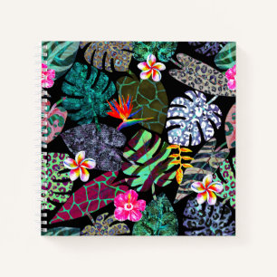 Vibrant Tropical Leaves and Flowers Pattern Notebook